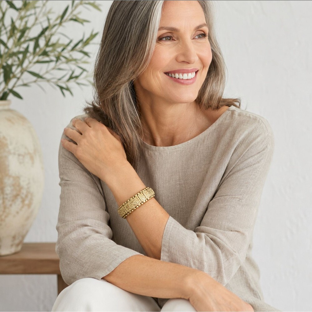 J Jill Gold Tone Stretch Bracelet Etruscan Revival Style Textured Panel Boho NWT